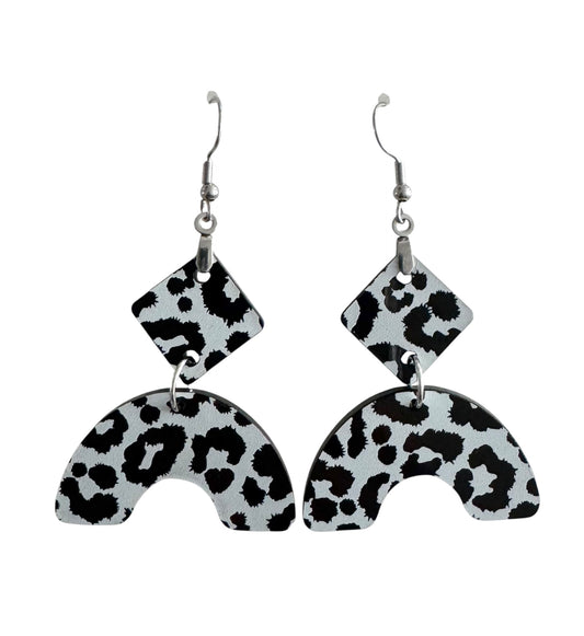 Half Circle Wood & Acrylic Earrings – With Leopard Print, Black & Wood Accents