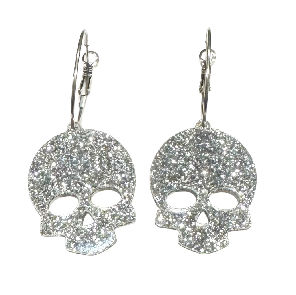 Silver Glitter Skull Earrings – Thick Hoop with Latch Back