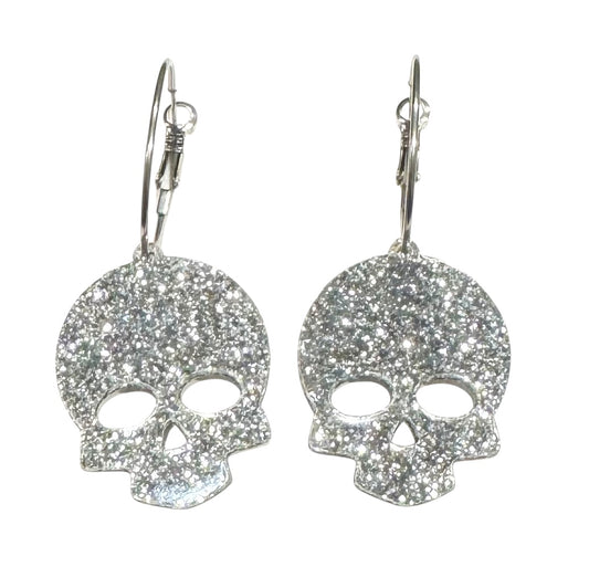 Silver Glitter Skull Earrings – Thick Hoop with Latch Back