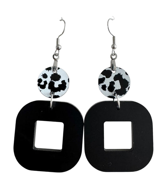 Square Acrylic Earrings – With Leopard Print, Wood & Black Accents