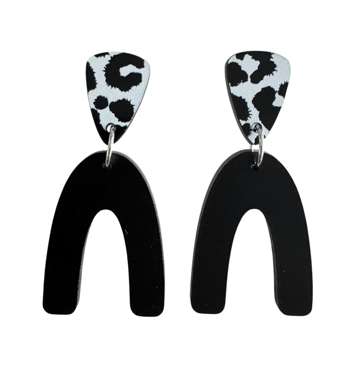 Half Oval Wood & Acrylic Earrings – With Leopard Print, Black & Wood Accents