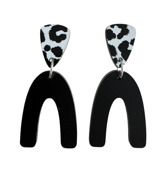 Half Oval Wood & Acrylic Earrings – With Leopard Print, Black & Wood Accents