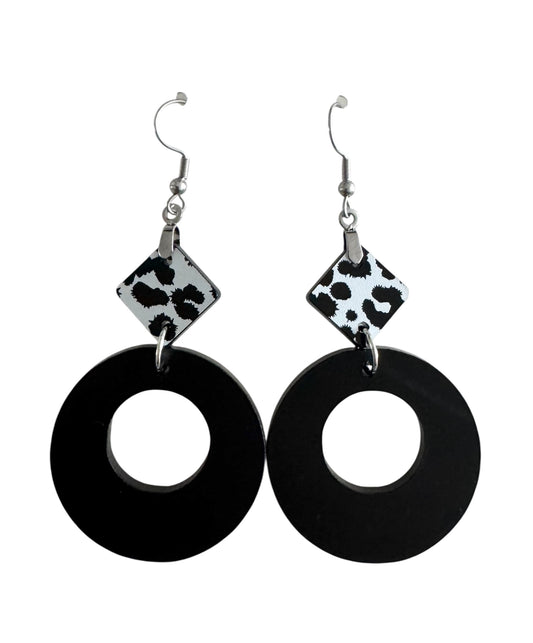 Circle Wood & Acrylic Earrings – With Leopard Print, Black & Wood Accents