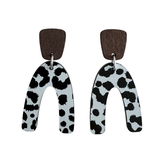 Half Oval Wood & Acrylic Earrings – With Leopard Print, Black & Wood Accents