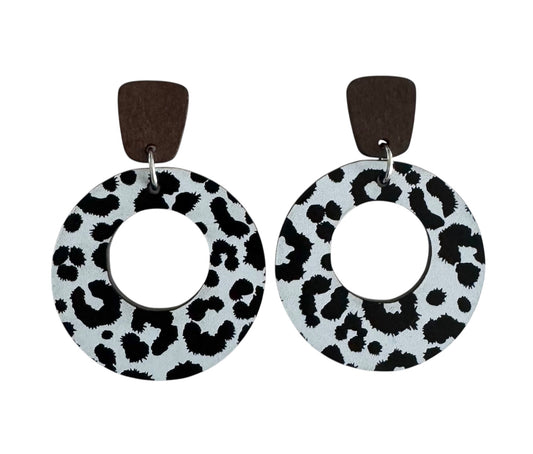 Circle Wood & Acrylic Earrings – With Leopard Print, Black & Wood Accents