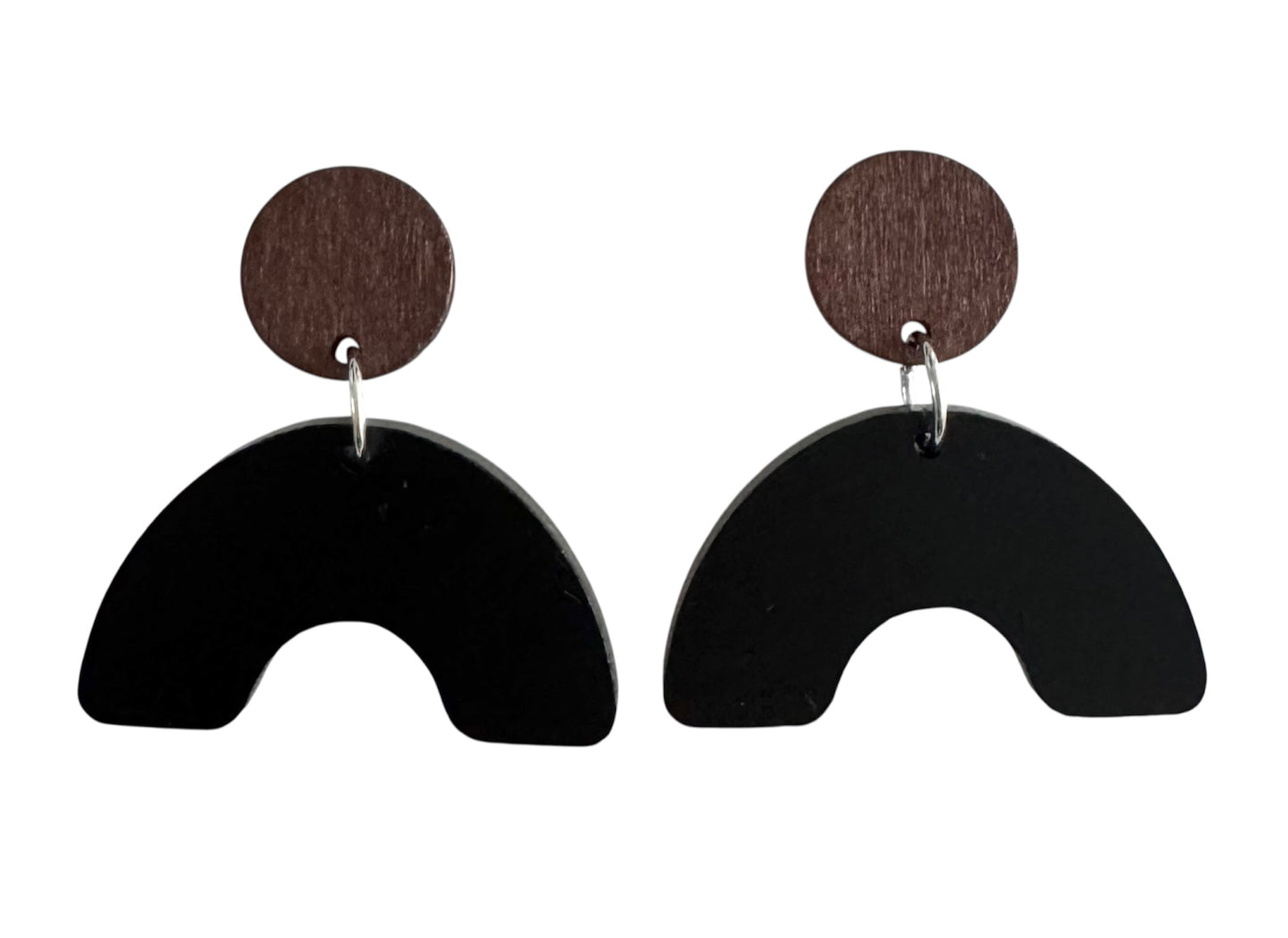 Half Circle Wood & Acrylic Earrings – With Leopard Print, Black & Wood Accents