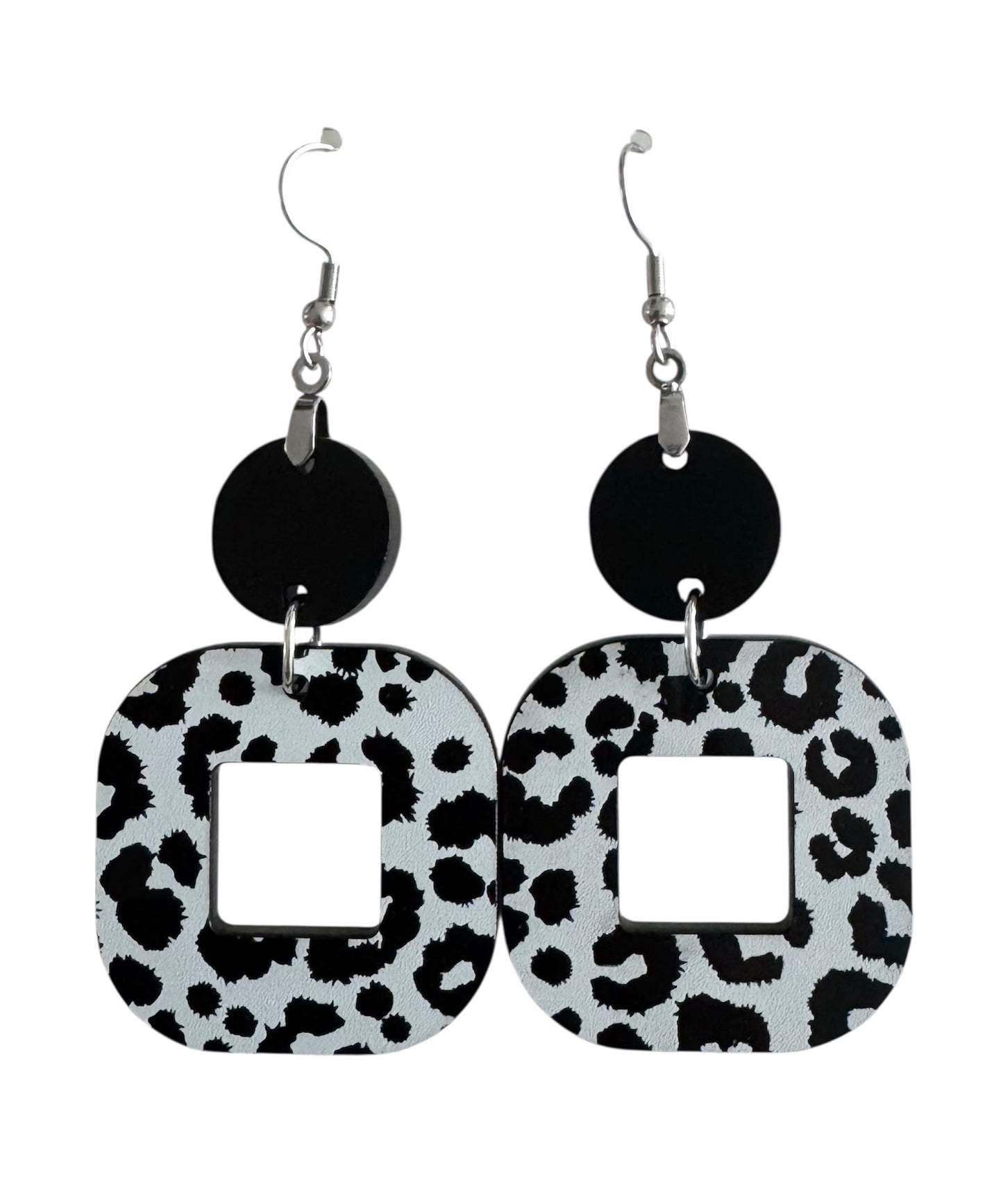 Square Acrylic Earrings – With Leopard Print, Wood & Black Accents