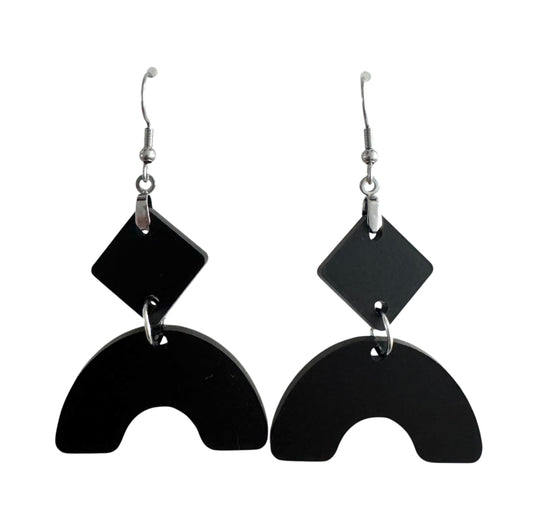 Half Circle Wood & Acrylic Earrings – With Leopard Print, Black & Wood Accents