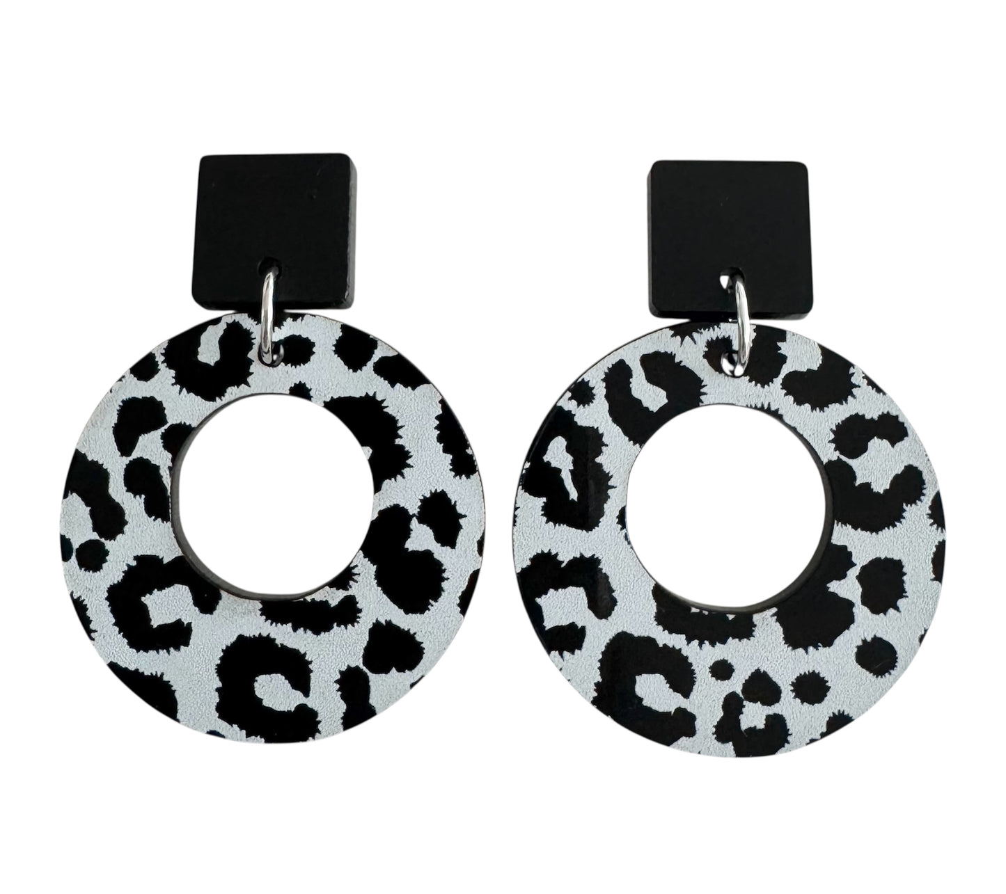 Circle and Square Black Acrylic, Wood & Leopard Earrings – Stud & Dangle Styles
